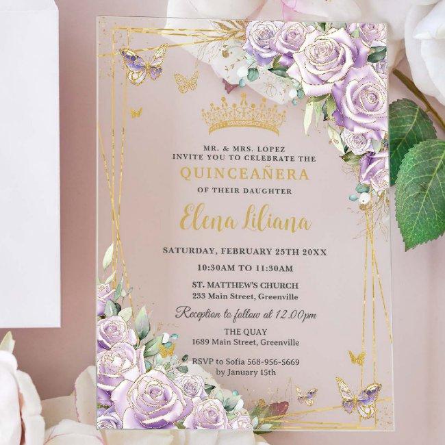 Chic Purple Lilac Roses Floral Gold Quinceañera Xv Acrylic Invitations