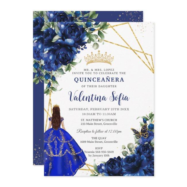 Chic Royal Blue Floral Princess Gold Quinceañera Invitation