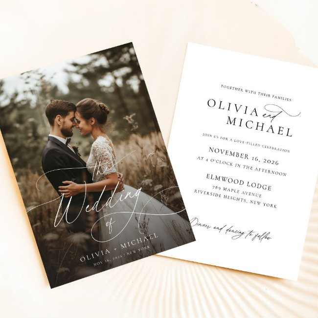Chic Rustic Script Photo Wedding Invitation