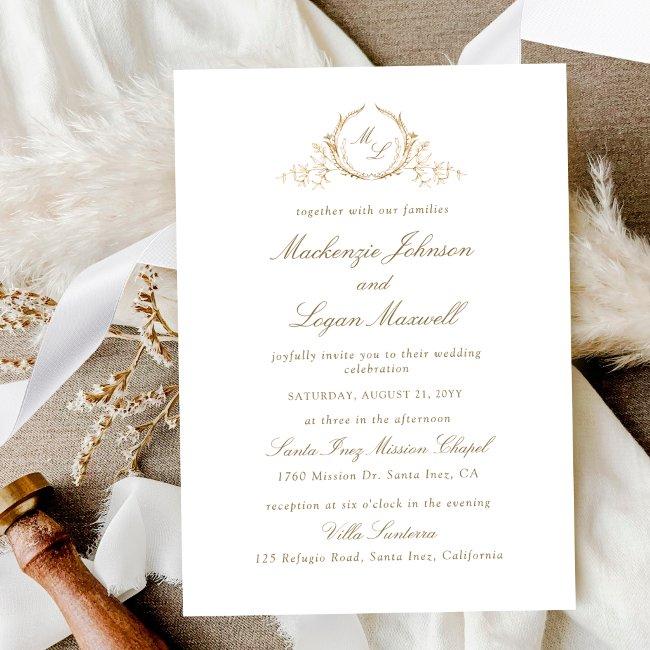 Chic White And Gold Monogram, Calligraphy Wedding Invitation