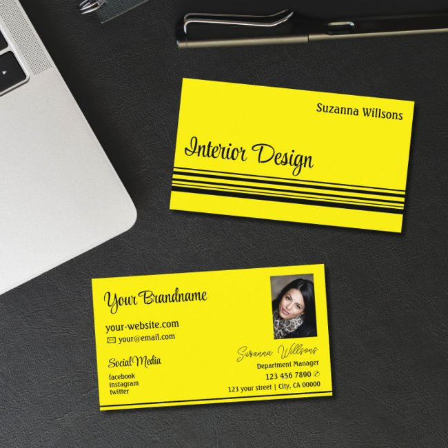 Chic Yellow Black Stripes With Photo Professional Business Invitations