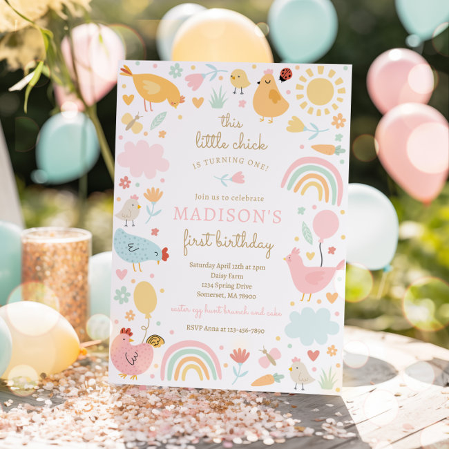 Chicken Birthday Little Chick Spring Farm Party Invitation