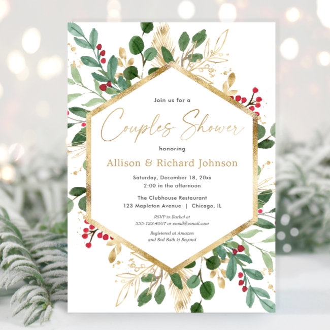 Christmas Greenery Gold Couples Bridal Shower Invitation