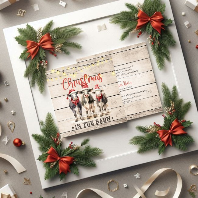 Christmas In The Barn Cows Wearing Santa Hats Invitation
