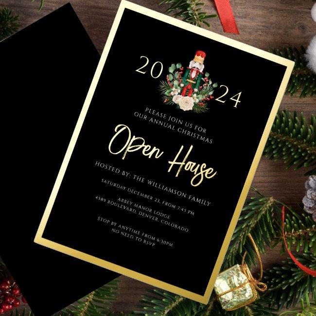 Christmas Nutcracker Open House Script Gold Foil Invitation