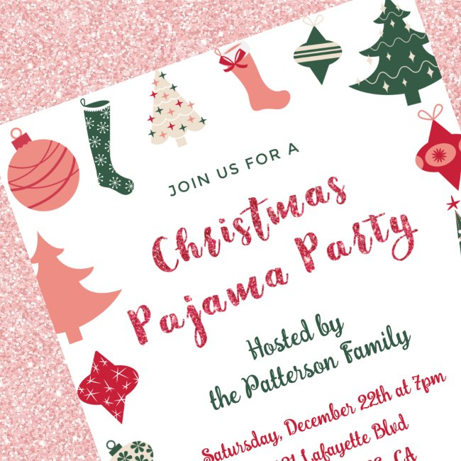 Christmas Pajama Party Glitter Cute Illustration Invitation