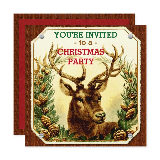 Christmas Party Rustic Reindeer Wood Grain Invitation