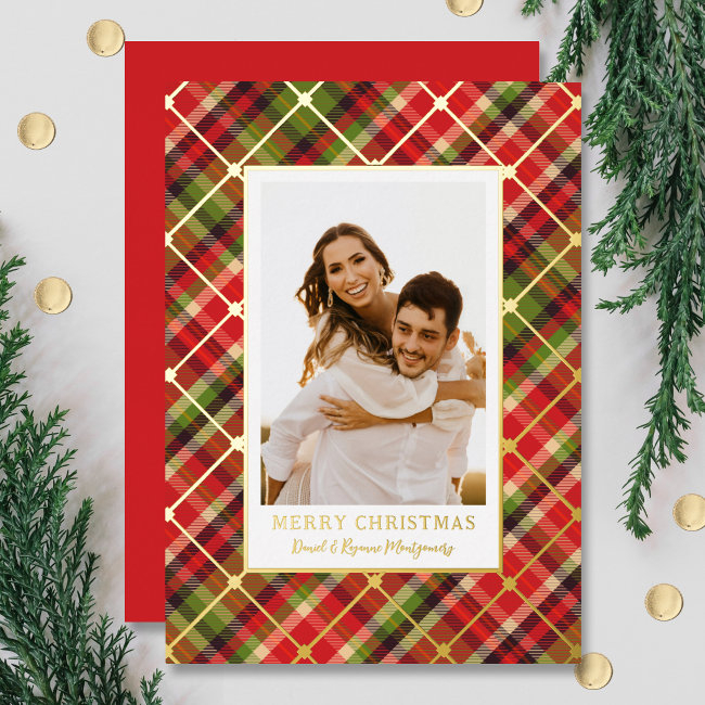 Christmas Plaid Gold Foil Holiday Invitations