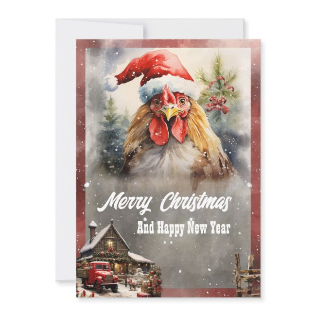 Christmas Rooster Watercolor Holiday Invitations