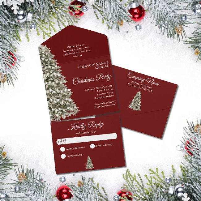 Christmas Tree Dark Red Company Holiday Party All In One Invitation