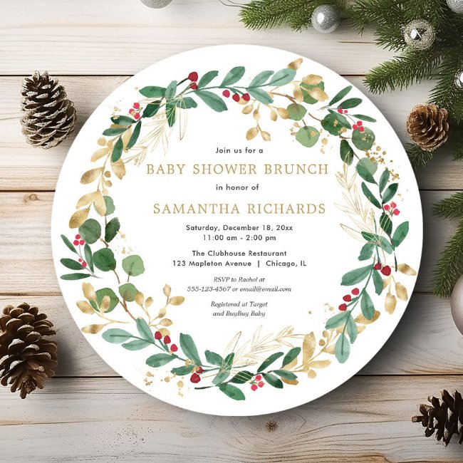 Christmas Watercolors Wreath Baby Shower Brunch Invitation