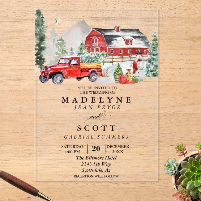 Christmas Winter Snow Barn Country Wedding Acrylic Invitations