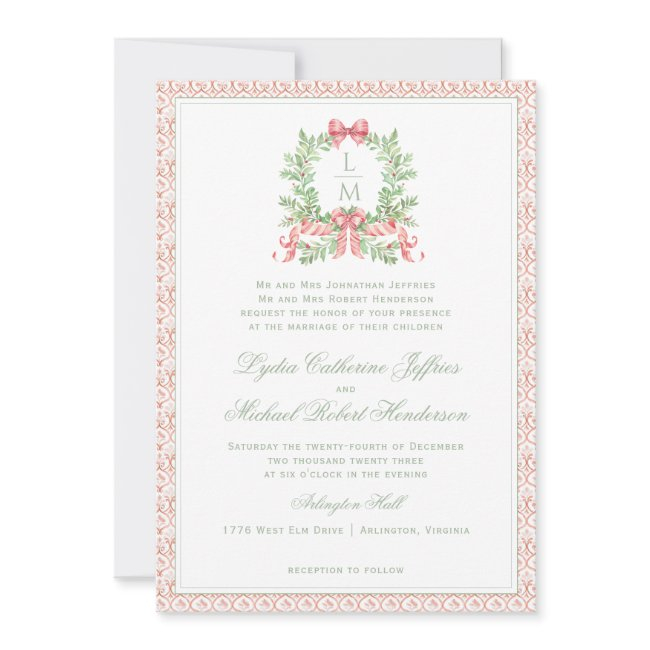 Christmas Wreath Candy Cane Bow | Monogram Wedding Invitation