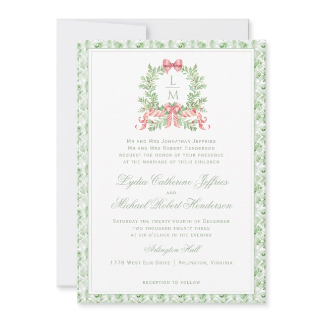 Christmas Wreath Candy Cane Bow | Monogram Wedding Invitation