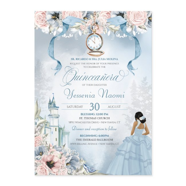 Cinderella Fairy Tale Blue Pink Floral Quinceanera Invitation