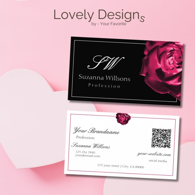 Classic Black And White Red Rose Initials Qr Code Business Invitations