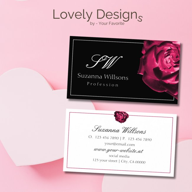 Classic Black And White Red Rose With Initials Business Invitations