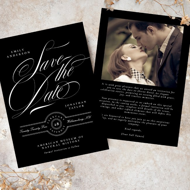 Classic Black Tie Elegant Calligraphy Photo Save The Date