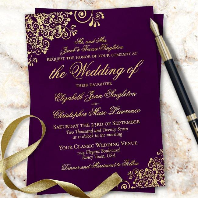 Classic Elegance Plum Purple Formal Wedding Gold Foil Invitation