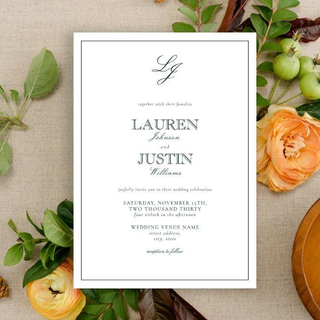 Classic Emerald Green Calligraphy Monogram Wedding Invitation