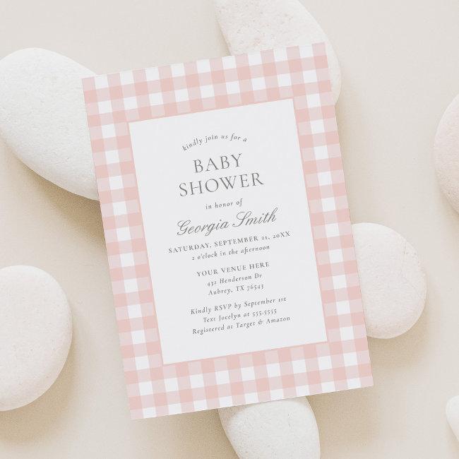 Classic Pink Gingham Girl Baby Shower Invitation