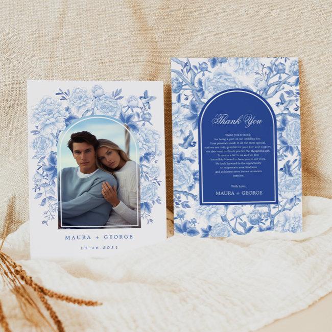 Classy Blue White Chinoiserie Wedding Photo Thank You Invitations