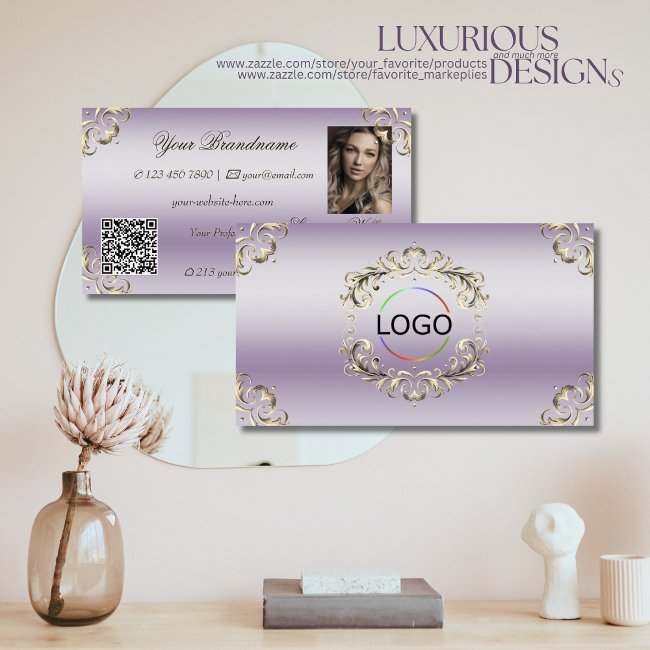 Classy Lavender Gold Ornate Logo Photo And Qr Code Business Invitations