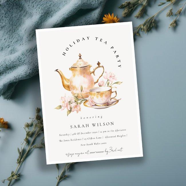 Classy Pink Gold Floral Tea Set Holiday Tea Party Invitation