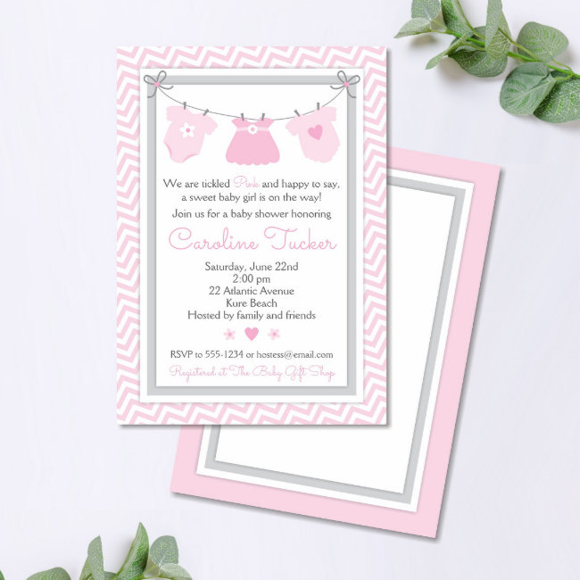 Clothesline Baby Shower Invitation Pink And Gray