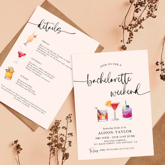 Cocktail Bachelorette Weekend Party Calligraphy Invitation