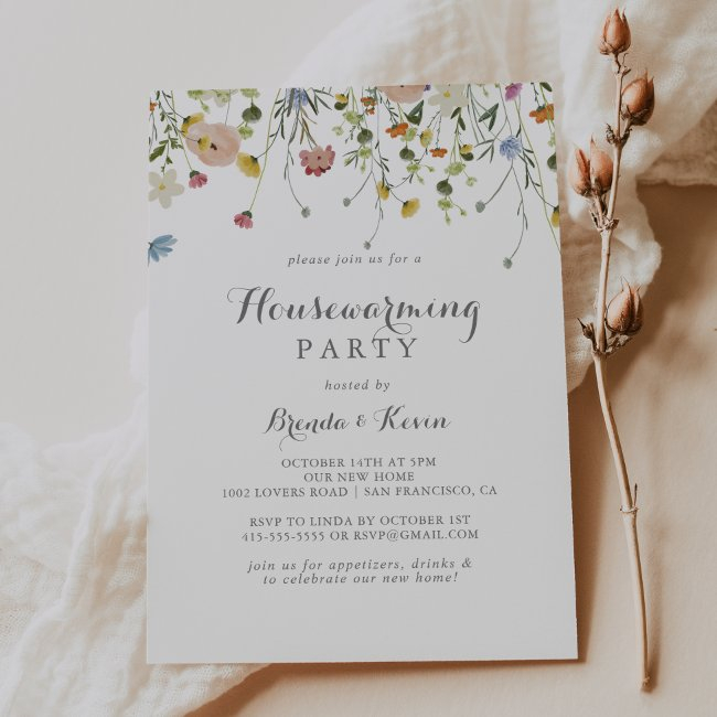 Colorful Dainty Wild Flowers Housewarming Party Invitation