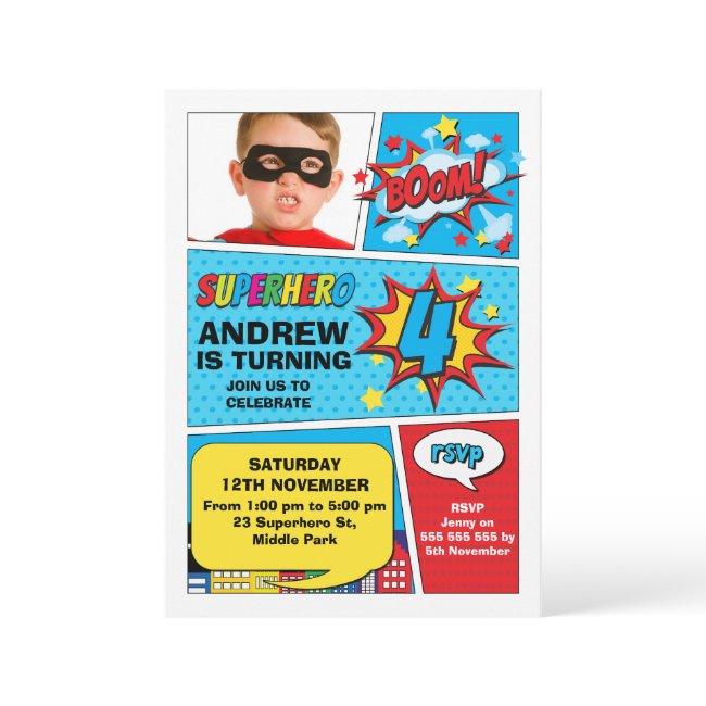 Colorful Photo Boom Superhero 4th Birthday Invitation