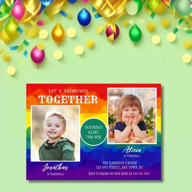 Colorful Rainbow Sibling Photo Joint Birthday Invitation