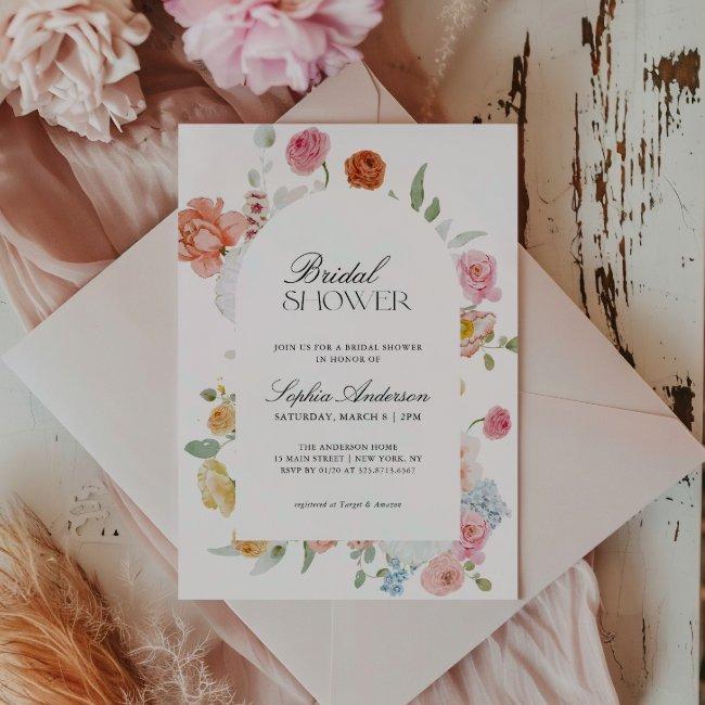 Colorful Spring Flowers Calligraphy Bridal Shower Invitation