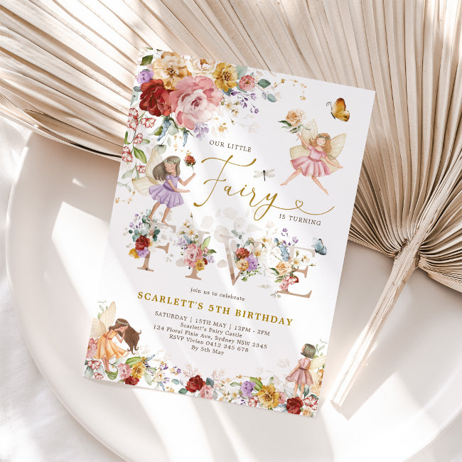 Colorful Wildflower Fairy Princess 5th Birthday Invitation