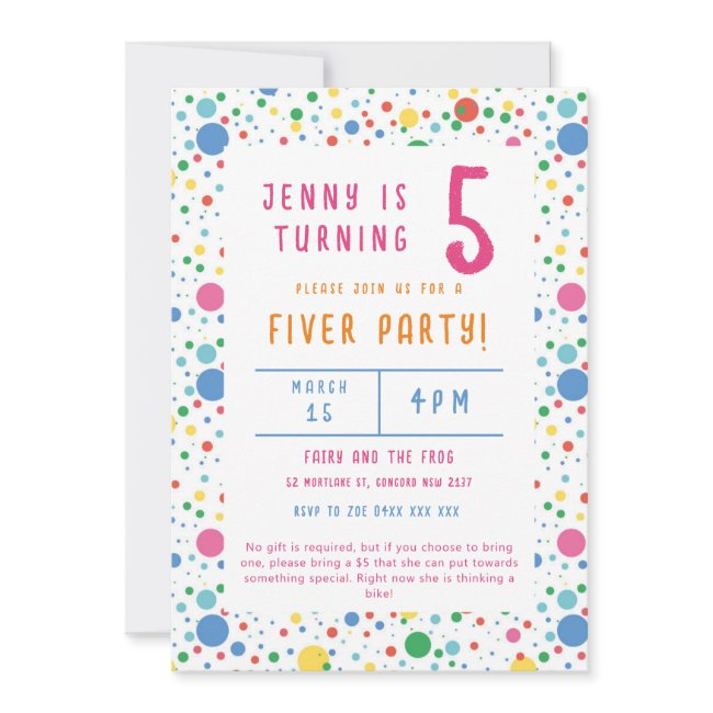 Colourful Pokadot Fiver Party Birthday Invitation