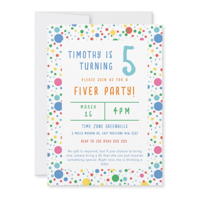 Colourful Pokadot Fiver Party Birthday Invitation