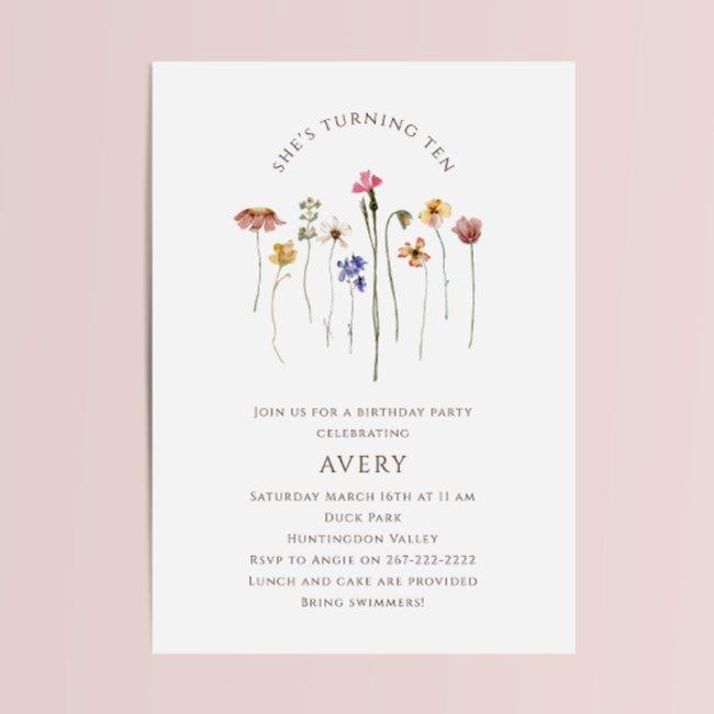 Colourful Wildflower Tenth Birthday Party Invitation