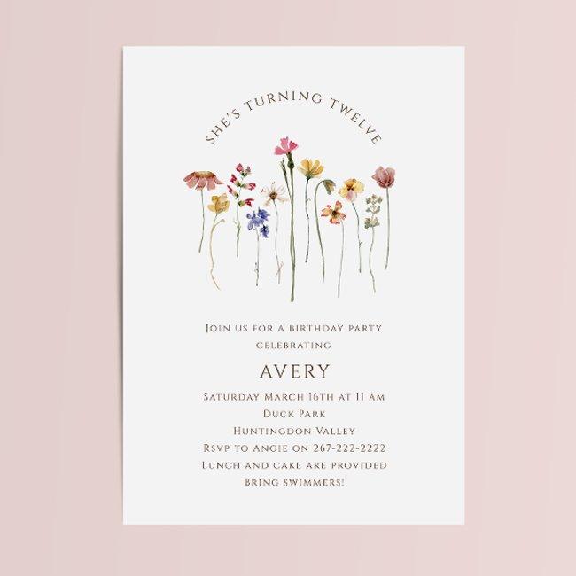 Colourful Wildflower Twelfth Birthday Party Invitation
