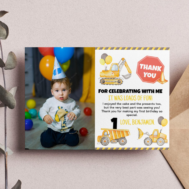 Construction Birthday Photo Thank You Invitations