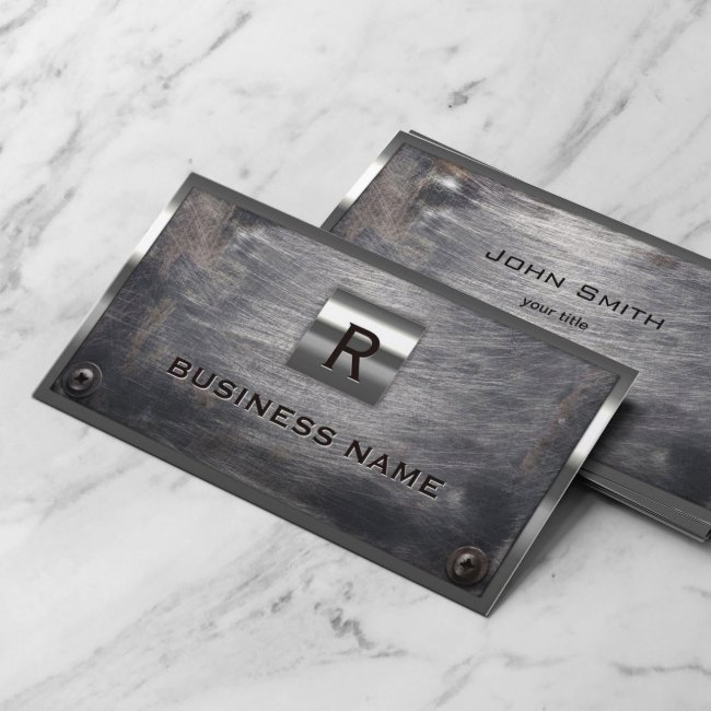 Construction Grunge Steel Monogram Metal Framed Business Invitations