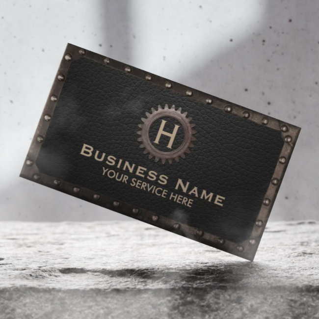 Construction Monogram Metal Framed Dark Leather Business Invitations