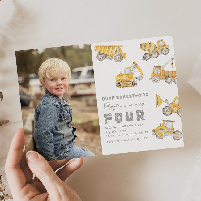 Construction Photo 4th Birthday Invitation