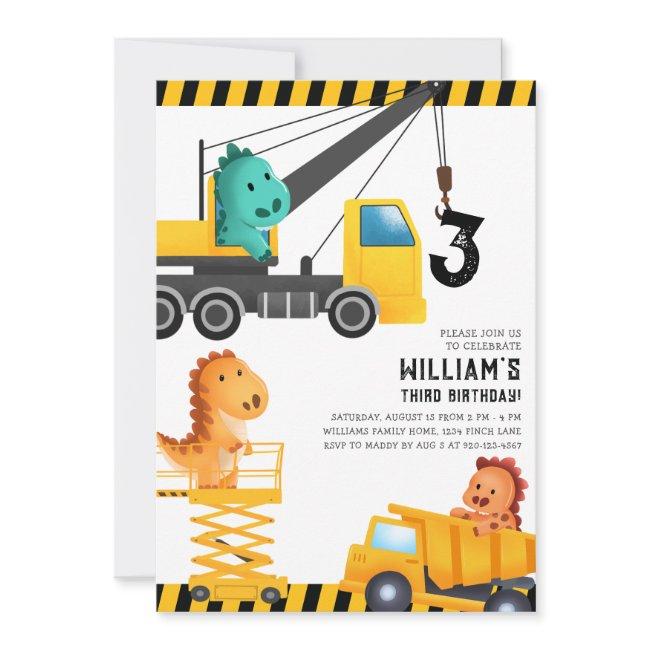 Construction Trucks Dinosaurs Birthday Party Invitation