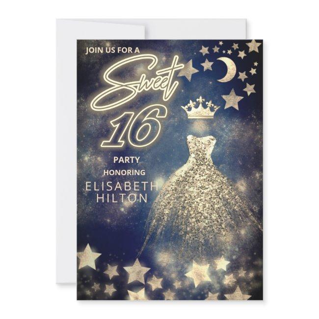 Cool Princess Gold Sequins Dress Moon Stars Blue Invitation