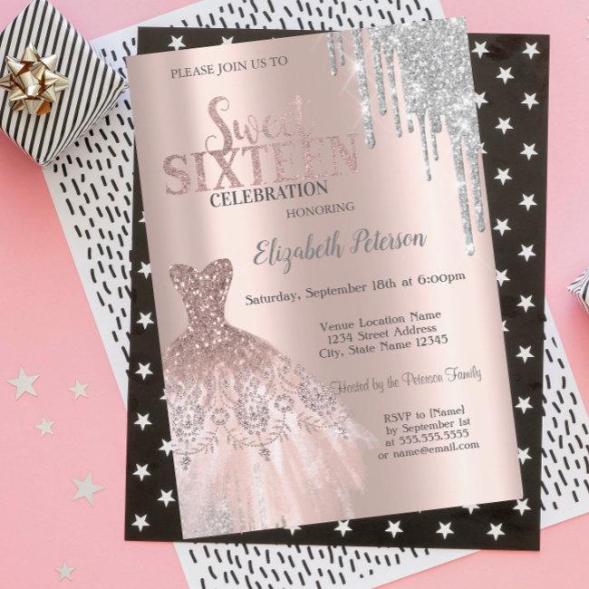 Cool Silver Glitter Drips,dress Rose Gold Sweet 16 Invitation