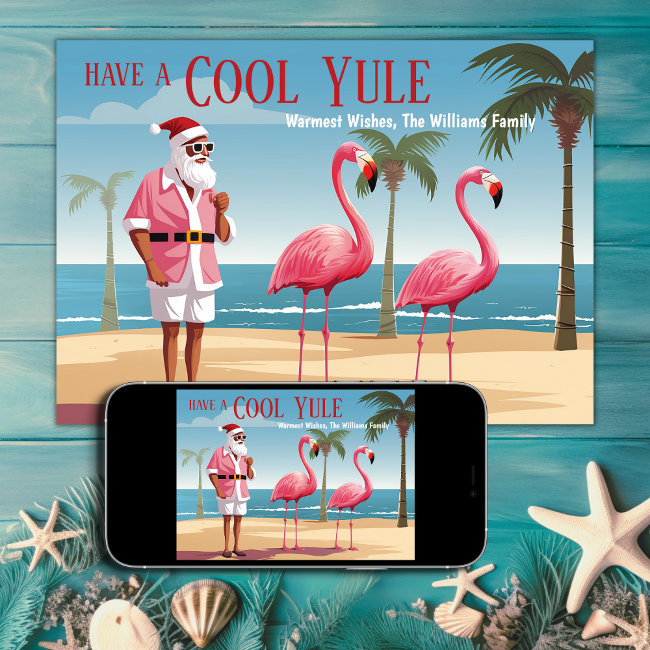 Cool Yule Santa And Flamingos Beach Christmas Holiday Invitations