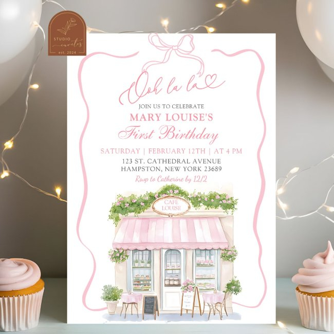 Coquette Bow Parisian Cafe French 1st Birthday Invitation
