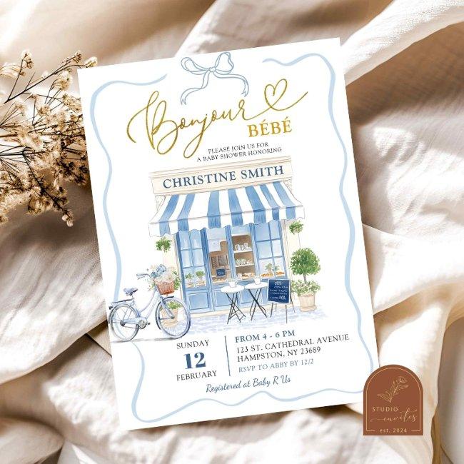 Coquette Parisian Cafe French Blue Baby Shower Invitation