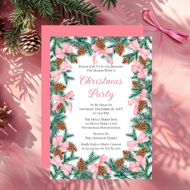 Coquette Pine Boughs And Bows Christmas Party Invitation